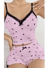 Pembe Kalp Desenli Askılı Şortlu Pijama Takım