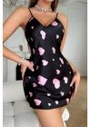 Pembe Kalp Desenli Siyah Saten Gecelik