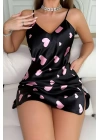 Pembe Kalp Desenli Siyah Saten Gecelik