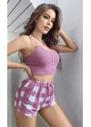 Pembe Kareli Desenli Askılı Şortlu Pijama Takım