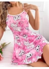 Pembe Kedi Desenli Fantezi Gecelik
