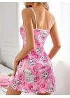 Pembe Kedi Desenli Fantezi Gecelik