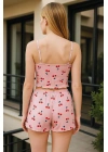 Pembe Kiraz Desenli Kurdelalı Askılı Şortlu Pijama Takımı