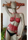 Püskül Detaylı Kırmızı Deri Korse Sütyen Harness Takım