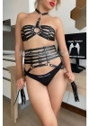 Püskül Detaylı Siyah Deri Korse Sütyen Harness Takım
