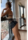 Püskül Detaylı Siyah Deri Korse Sütyen Harness Takım