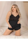Siyah Dantel İşlemeli İnce Askılı Saten Şortlu Takım