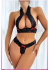 Siyah Dantel Şeritli Seksi Sütyen Külot Takım