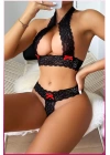 Siyah Dantel Şeritli Seksi Sütyen Külot Takım