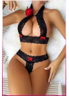 Siyah Dantel Şeritli Seksi Sütyen Külot Takım
