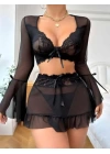 Siyah Dantelli Etekli Fantezi Tül Bolero Sütyen Takım