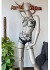 Siyah Deri Jartiyer Ve Büstiyer Harness - Brf415