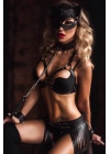 Siyah Etekli Tasma Maske Ve Sütyen Aksesuarlı Fantezi Harness Set