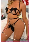 Siyah Göğüs Fiyonklu Balenli Seksi Jartiyer Takım