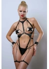 Zincir Detaylı Body Deri Harness, Kelepçeli Fantezi İç Giyim - Brf1098