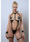 Zincir Detaylı Body Deri Harness, Kelepçeli Fantezi İç Giyim - Brf1098