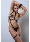 Zincir Detaylı Body Deri Harness, Kelepçeli Fantezi İç Giyim - Brf1098