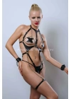 Zincir Detaylı Body Deri Harness, Kelepçeli Fantezi İç Giyim - Brf1098