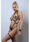 Zincir Detaylı Body Deri Harness, Kelepçeli Fantezi İç Giyim - Brf1098