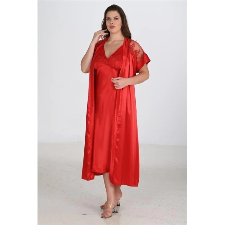 2li Kırmızı Sabahlık Takımı Bigsize 6226