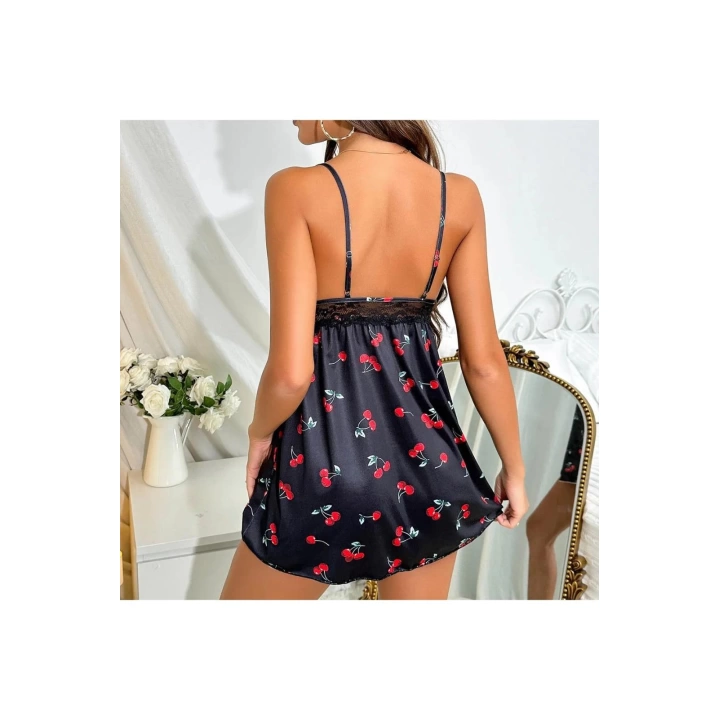 Siyah Kiraz Desenli Mini Gecelik 15765
