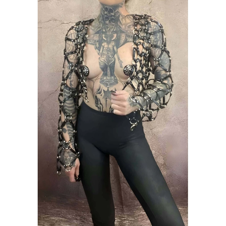 Çapraz Tasarım Uzun Kollu Deri Crop Bağlamalı Büstiyer Harness- Brf1076