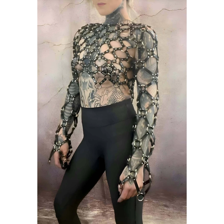 Çapraz Tasarım Uzun Kollu Deri Crop Bağlamalı Büstiyer Harness- Brf1076