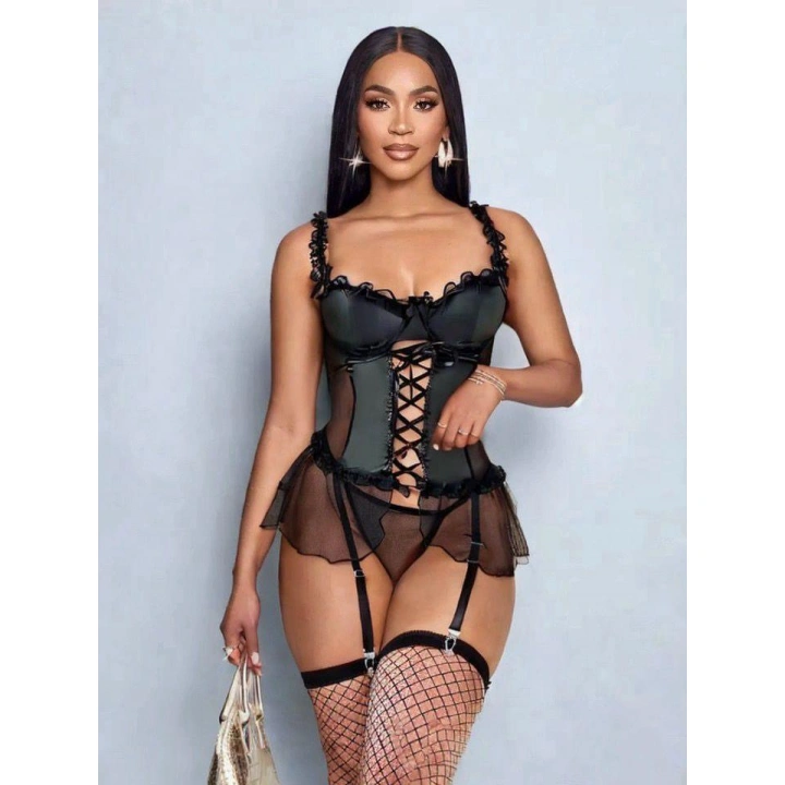 Kadın Çoraplı Lame Deri Fantezi Kostüm Elbise Seksi Gece Fantazi Kostüm 9002