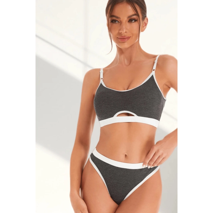 Kadın Gri Antrasit Kaşkorse Ve Beyaz Lastikli Cut-out Tanga Külotlu Takım
