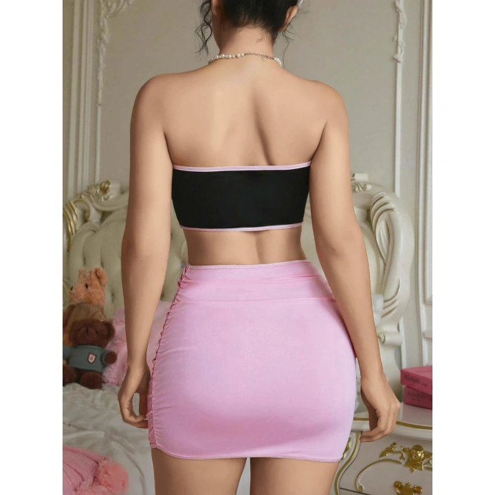 Kadın Pembe Etekli Fiyonk Detaylı Sexy Kostüm 8010