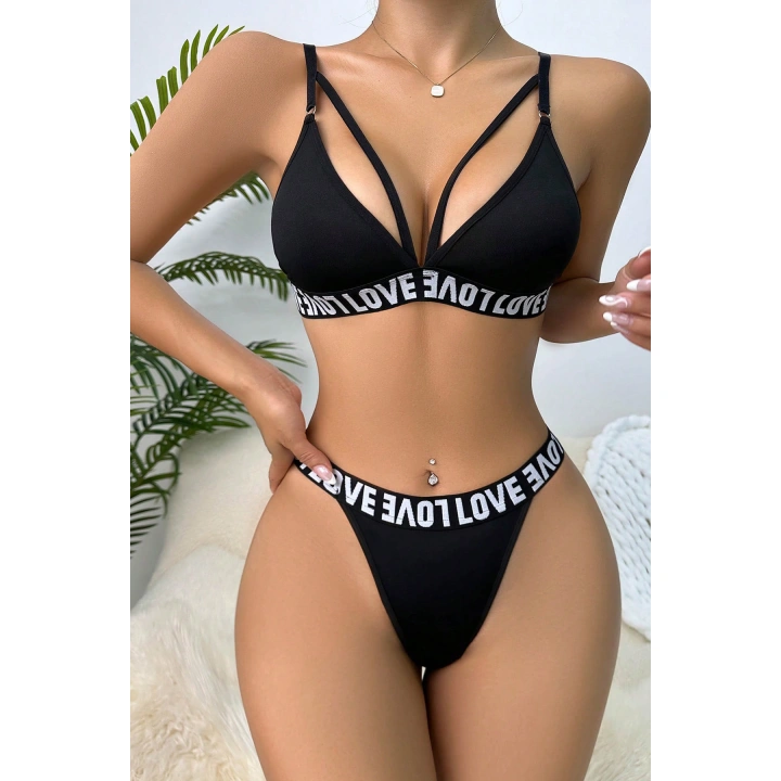 Kadın Siyah Love Yazı Detaylı Harness İç Çamaşır Takımı