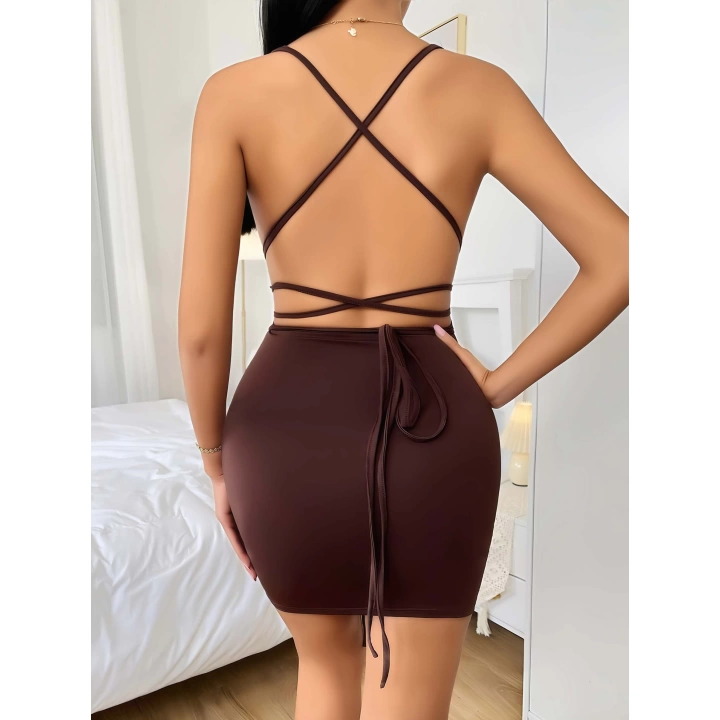 Kahverengi Şık Fantezi Clup Elbisesi