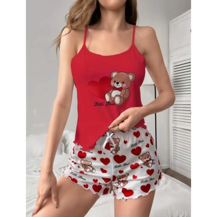 Kalpli Ayıcık Desenli Askılı Şortlu Pijama Takımı