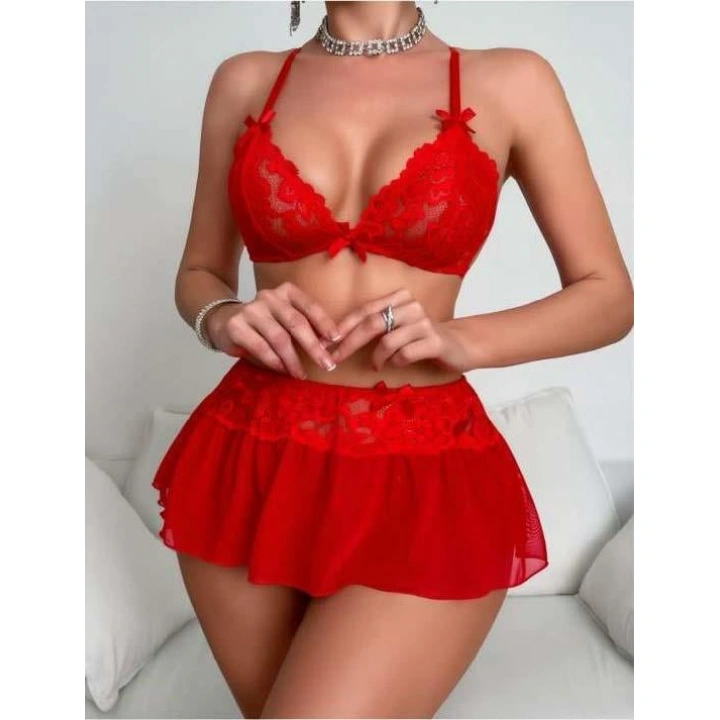 Kırmızı Transparan Fantezi Etekli Bolero Sütyen Takım