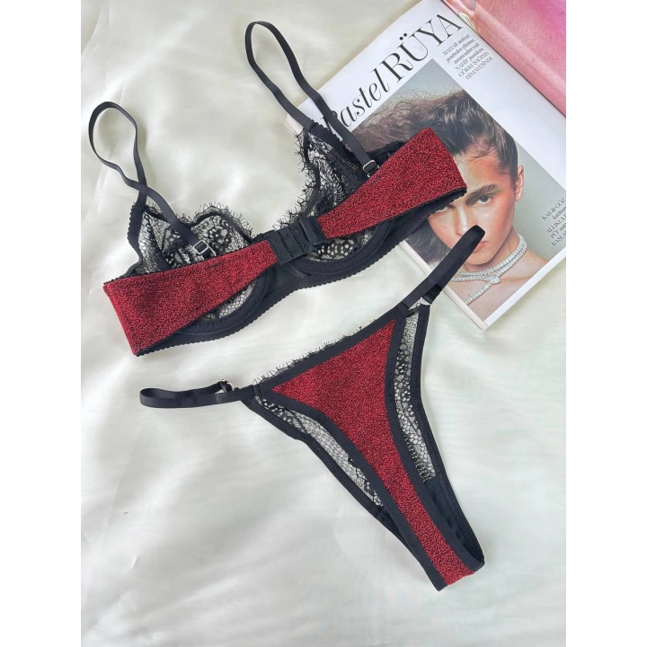 Özel Tasarım Dantel İşlemeli  Bordo Desteksiz Bralet Takımı