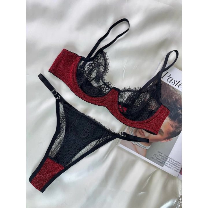 Özel Tasarım Dantel İşlemeli  Bordo Desteksiz Bralet Takımı