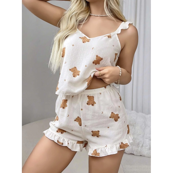 Pamuklu Ayıcık Desen Fırfırlı Askılı Şortlu Pijama Takımı