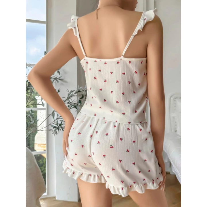 Pamuklu Beyaz Üstüne Kiraz Desen Fırfır Askılı Şortlu Pijama Takımı