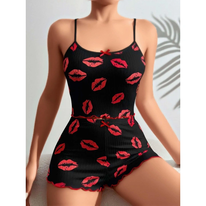 Pamuklu Kiss Öpücük Desen Siyah Fitilli Şortlu Pijama Takımı