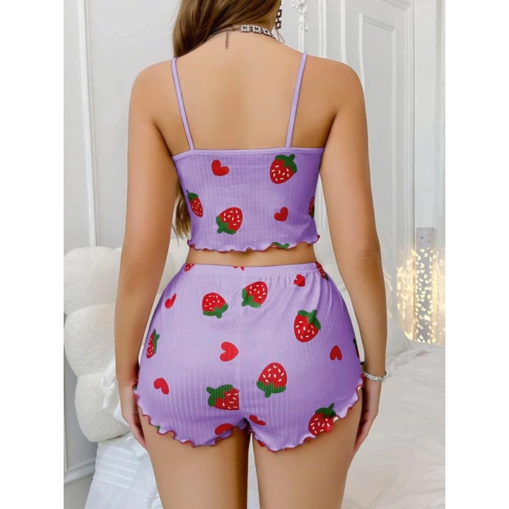 Pamuklu Lila Üstüne Çilek Desen Fitilli Askılı Şortlu Pijama Takımı