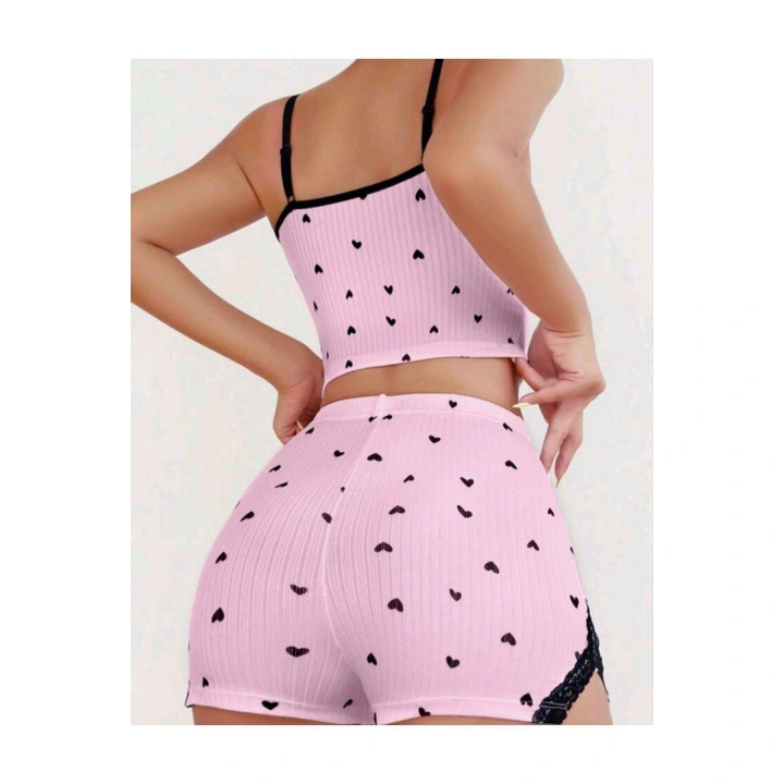 Pembe Kalp Desenli Askılı Şortlu Pijama Takım