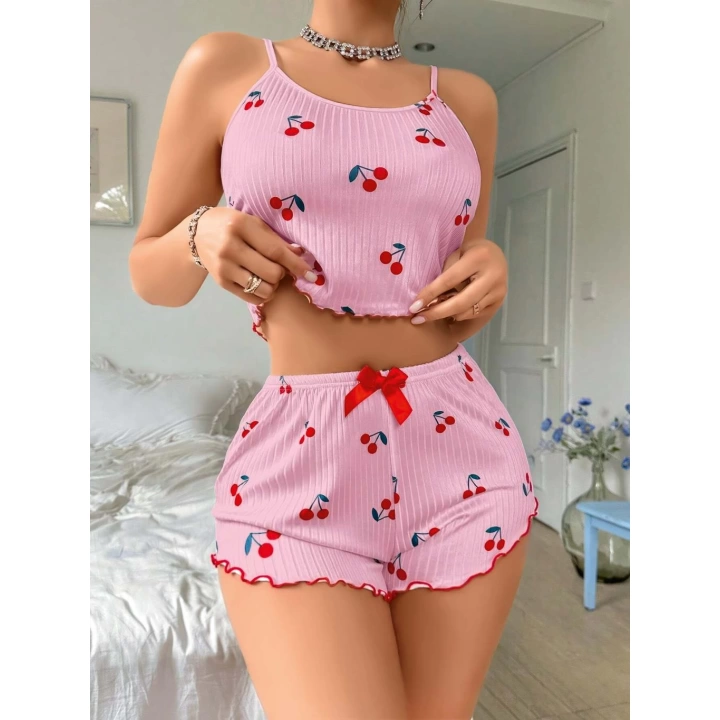 Pembe Kiraz Desenli Askılı Şortlu Pijama