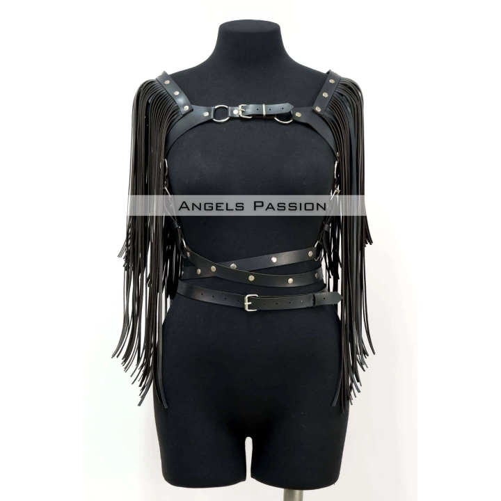 Püskül Detaylı Deri Göğüs Harness, Deri Harness Püsküllü Ceket - Brf999