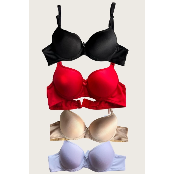 Siyah-beyaz-kırmızı-ten 4lü Dolgulu Push Up Micro Balenli Günlük Tek Destekli Sütyen