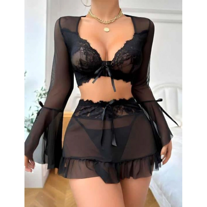 Siyah Dantelli Etekli Fantezi Tül Bolero Sütyen Takım