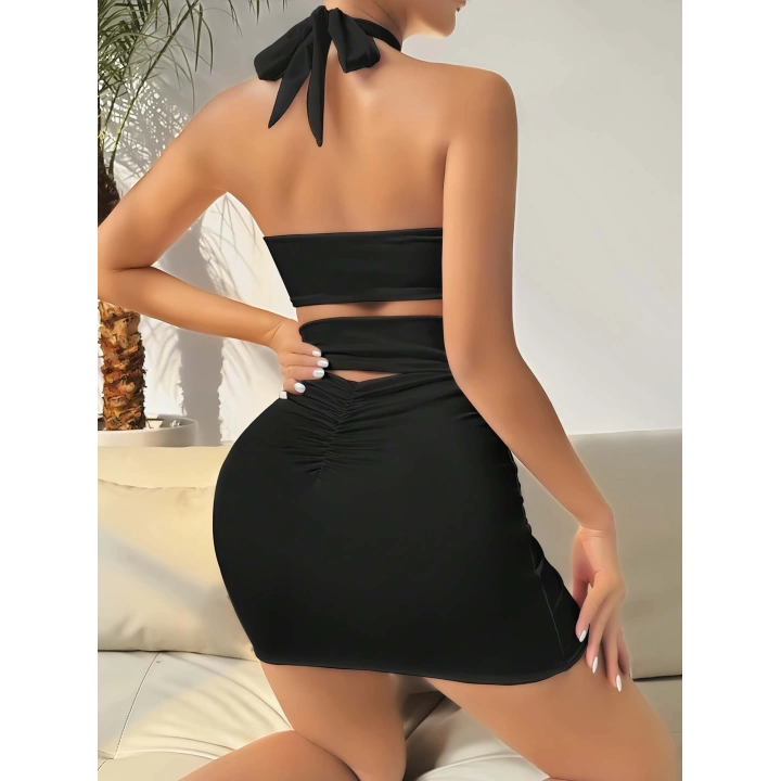 Siyah Fantezi Elbise Zincirli Parlak
