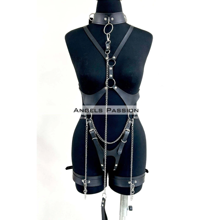 Tasma Ve Zincir Detaylı Şık Deri Harness, Deri Fantezi Giyim- Brf1225