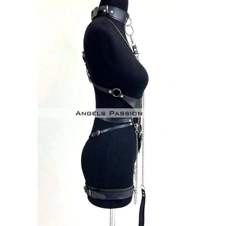 Tasma Ve Zincir Detaylı Şık Deri Harness, Deri Fantezi Giyim- Brf1225