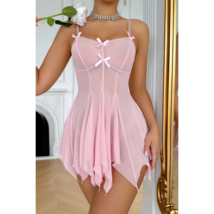 Toz Pembe Asimetrik Kesim Fiyonk Detaylı Gecelik 15903