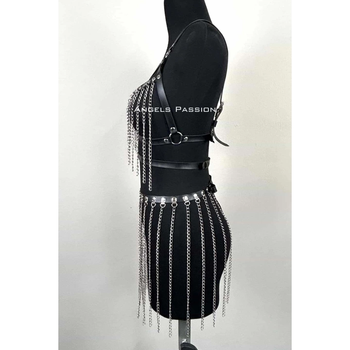 Zincirli Harness Takım, Deri Zincirli Etek Takım - Brf496